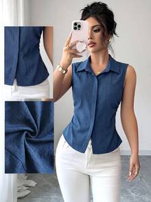 Elenzga 1pc Plus Size Women's Summer Lapel Sleeveless Fitted Asymmetrical Hem Casual Blouse - Navy Blue - View 5