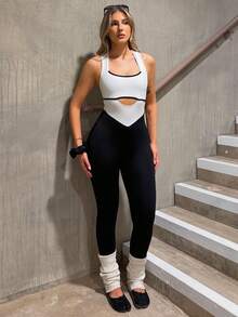 hollyjadebate Black And White Color-Blocked Jumpsuit, Simple And Stylish Athletic Jumpsuit. It's. Sports - Black and White - View 2