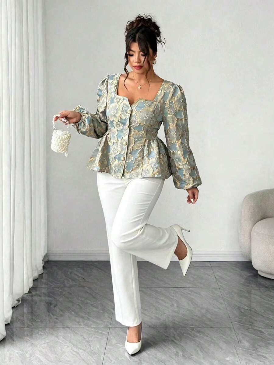 Elenzga Plus Size Light Blue Autumn Elegant Wedding Textured Jacquard Embroidered Open Front Long Sleeve Puff Sleeve Square Neck Pearl Button French Shirt - Mint Green - View 1