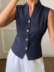 Livesso Chaleco sin mangas de unicolor para mujer, estilo commuter, para verano - Azul Marino - Ver 4