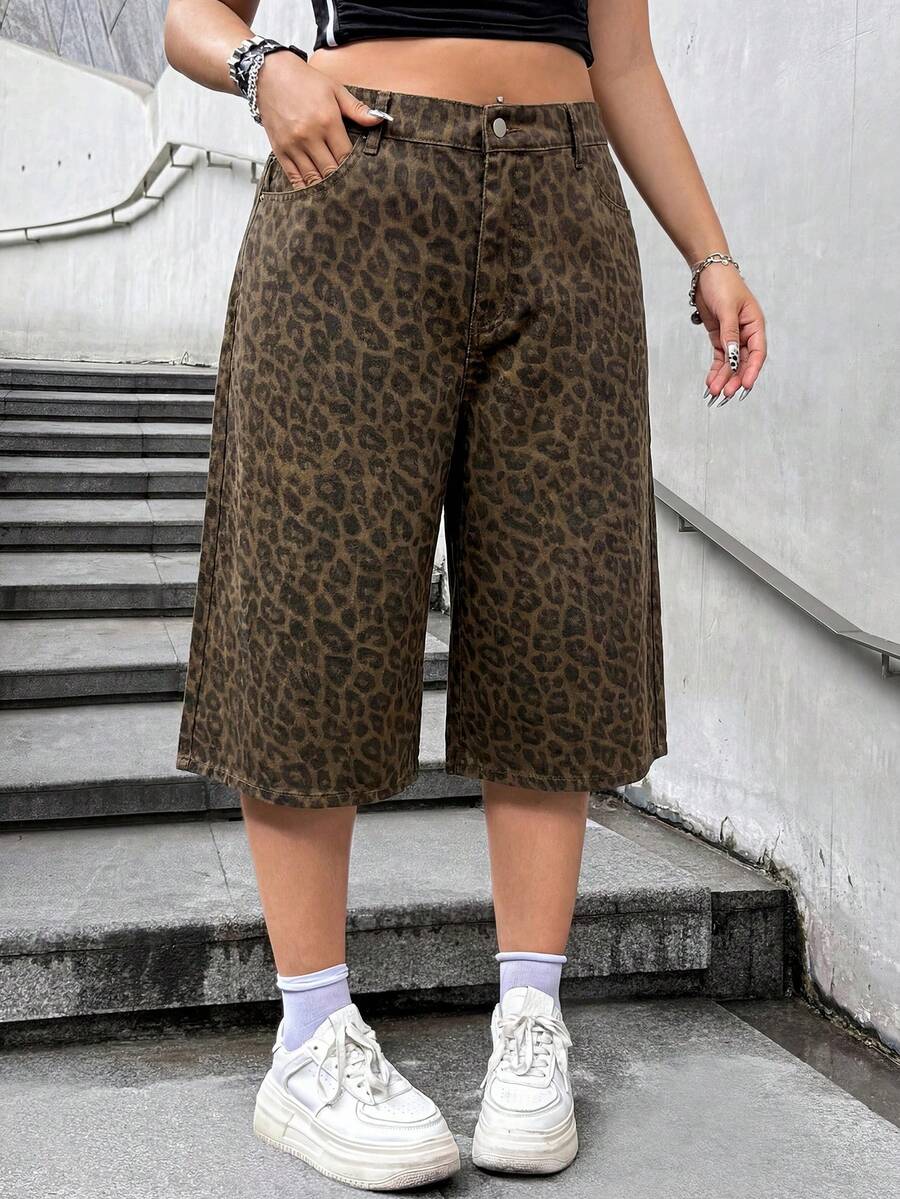 SHEIN MOD 大尺碼牛仔褲休閒寬鬆九分寬腳褲黑色 - 棕色 - 查看 1
