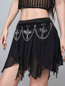 ROMWE Goth 1-Piece Women's Flannel Fabric, Moth Cross, Single-Layer Chain Decoration, Dark Style, Punk Style Chain Belt, Halloween Accessories, Daily Versatility - Black Flannel Moth Cross Chain Belt - View 4