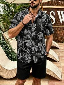 Manfinity RSRT Plus Size Men's Tropical Print Short Sleeve Shirt And Shorts Set, Holiday - Black - View 1