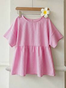 SHEIN EZwear 大尺碼女款圓領條紋百褶休閒百搭日常出遊襯衫 - 粉色 - 查看 4