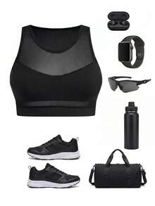 Cheerettes Plus Size Women Solid Color Mesh Patchwork Fitness Sports Tank Top - Black - View 1