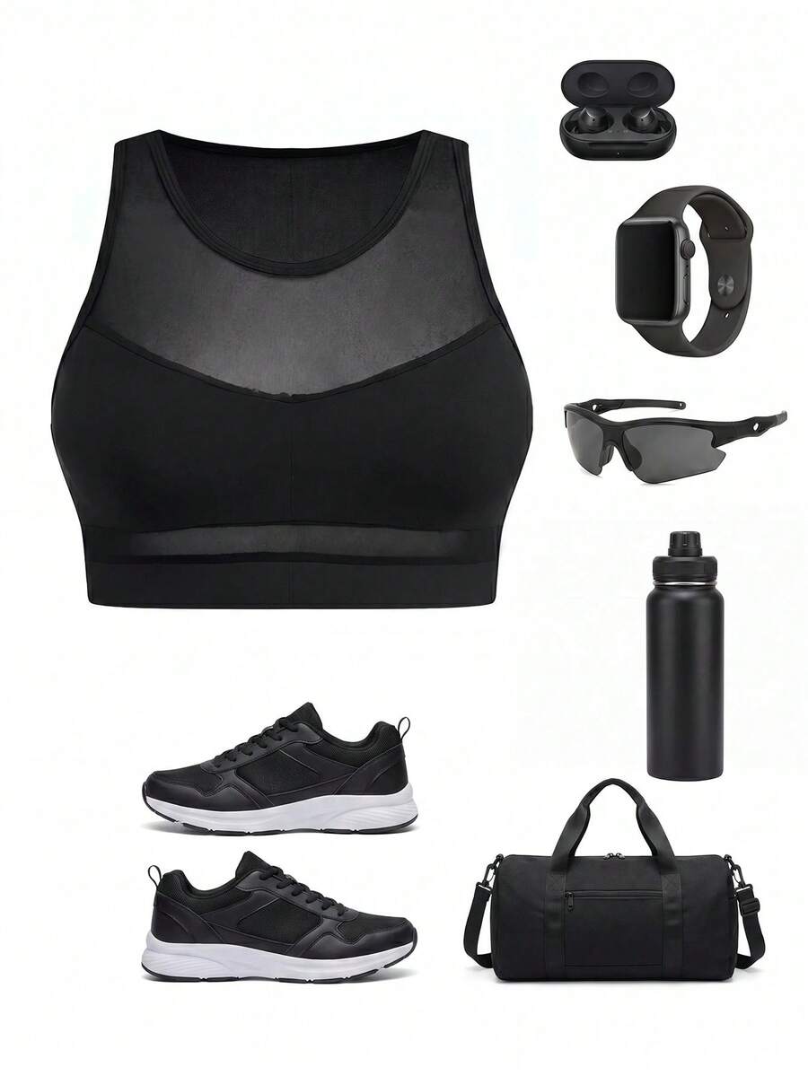 Cheerettes Plus Size Women Solid Color Mesh Patchwork Fitness Sports Tank Top - Black - View 1