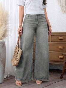 EMERY ROSE Plus Size Women's Pocket Button Casual Versatile Daily Outing Wide Leg Jeans - Grey - View 4