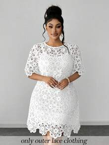 Maweii Plus Size Solid Color Hollow Round Neck Short Sleeve Dress - White - View 1