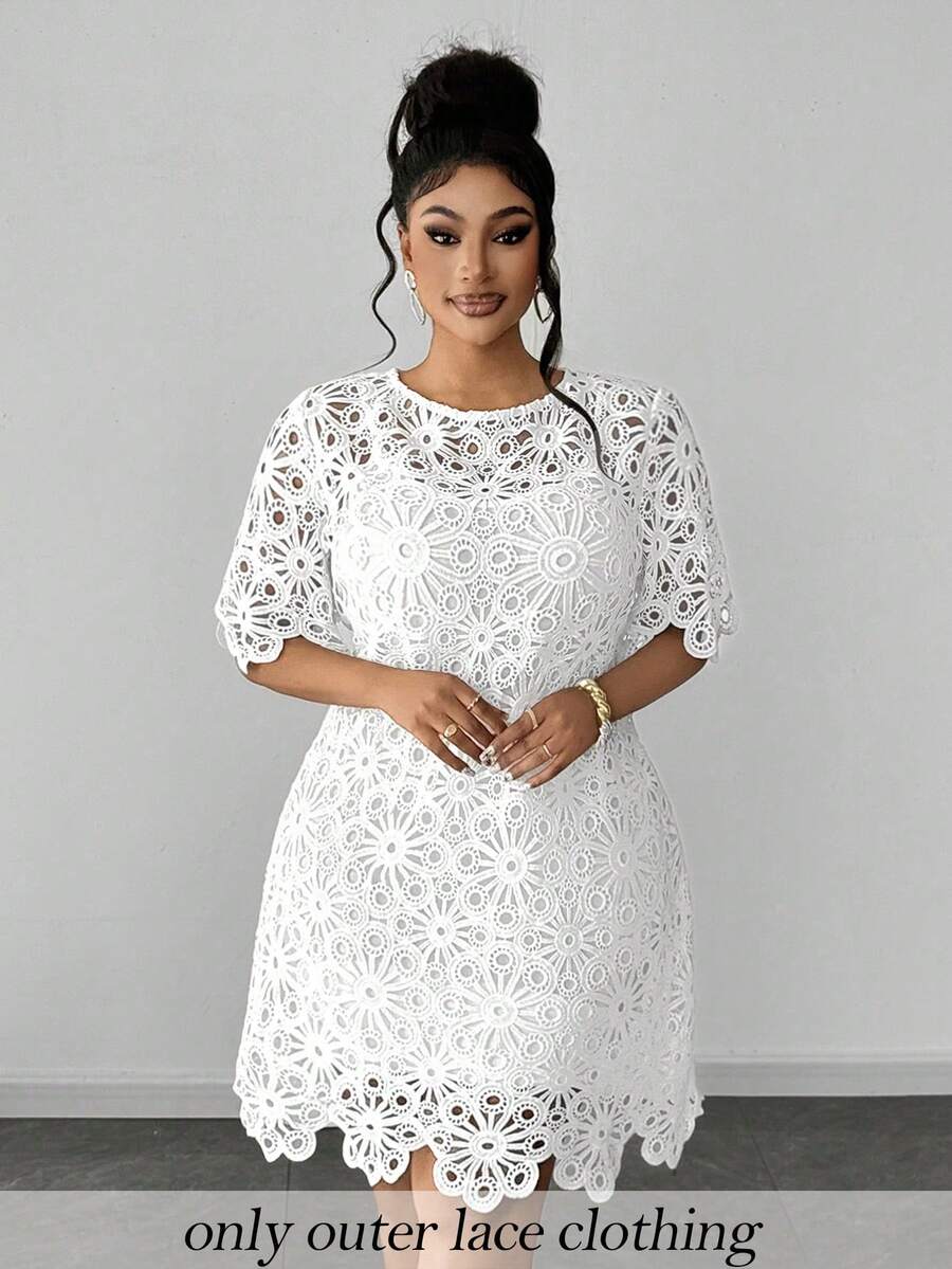 Maweii Plus Size Solid Color Hollow Round Neck Short Sleeve Dress - White - View 1