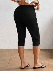 SHEIN EZwear 女款黑色針織緊身七分內搭褲 - 黑色 - 查看 2