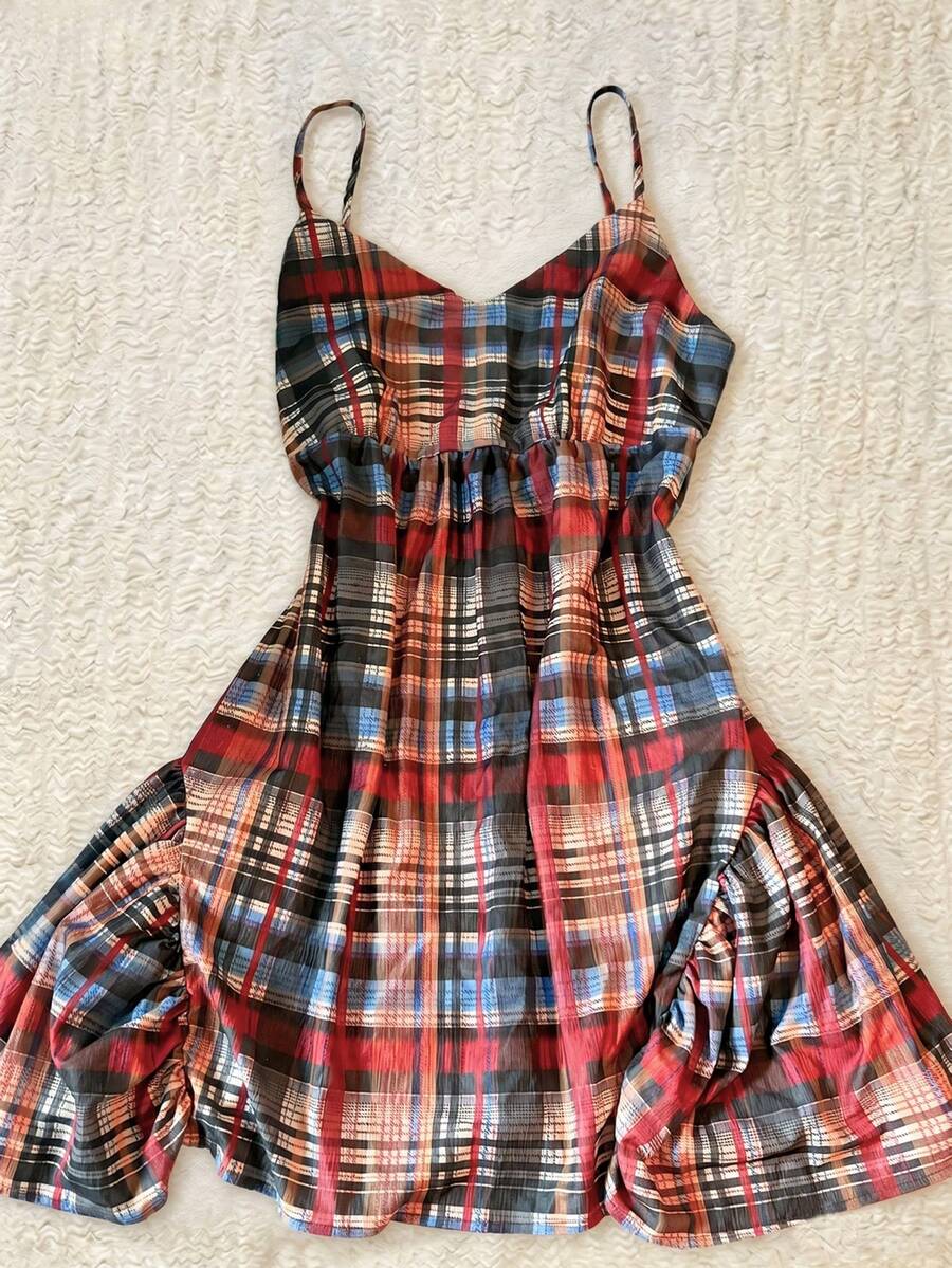 INAWLY Plaid Waist Patchwork Women's Slip Dress - Multicolor - View 1
