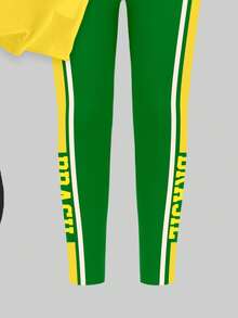 Setelan Kaos Lengan Pendek dan Legging Motif Bintang dan Garis Brasil Warna Kuning Hijau untuk Balita Perempuan, Pakaian Bertema Piala Dunia - MultiWarna - View 5
