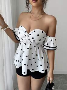 SHEIN Raffinéa Women's Polka Dot Pattern Twist Design Fashionable Off-Shoulder Blouse - White - View 5