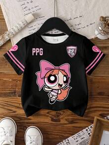 THE POWERPUFF GIRLS X SHEIN Tween Girl Round Neck Cartoon Print Sweet Fashion T-Shirt - White - View 1