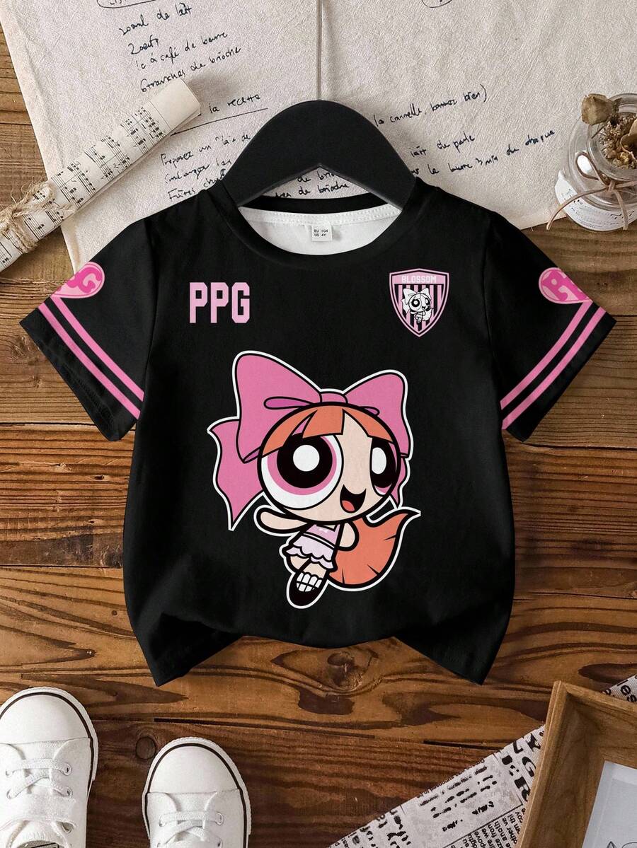 THE POWERPUFF GIRLS X SHEIN Tween Girl Round Neck Cartoon Print Sweet Fashion T-Shirt - White - View 1