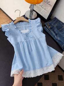 GlowEve Casual Cute Lace Patchwork Hem & Flutter Sleeve Solid Color Blouse For Women, Blue - Baby Blue - View 7