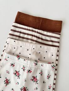 Cozy Pixies Set Piyama Bayi Perempuan Pas Badan, Atasan Pullover Lengan Panjang Leher Bulat Lembut Rajut Motif Bunga, Celana Panjang Pinggang Elastis, Set 4 Potong - Coklat - View 4