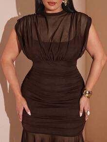 SHEIN BAE Summer Chocolate Brown Mesh Elegant Sexy Long Dress Cocktail Date Night - Brown - View 5