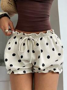 Sunnyshic Women's Drawstring Waist Polka Dot Casual Cute Versatile Daily Outing Denim Shorts Beach Picnic Black White Polka Dot Summer - Black and White - View 5