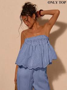 COSMINA Urlaubsstil Rüschen besticktes Bandeau Top, schwer besticktes Top, lockere Passform, Damen Sommer Essential Top, geeignet für Strandurlaub, Wochenendausflug, BOHO Stil, weißes Damen Top, elastischer Ausschnitt - Blau - Übersicht 1