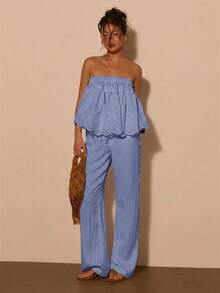 COSMINA Urlaubsstil Rüschen besticktes Bandeau Top, schwer besticktes Top, lockere Passform, Damen Sommer Essential Top, geeignet für Strandurlaub, Wochenendausflug, BOHO Stil, weißes Damen Top, elastischer Ausschnitt - Blau - Übersicht 3
