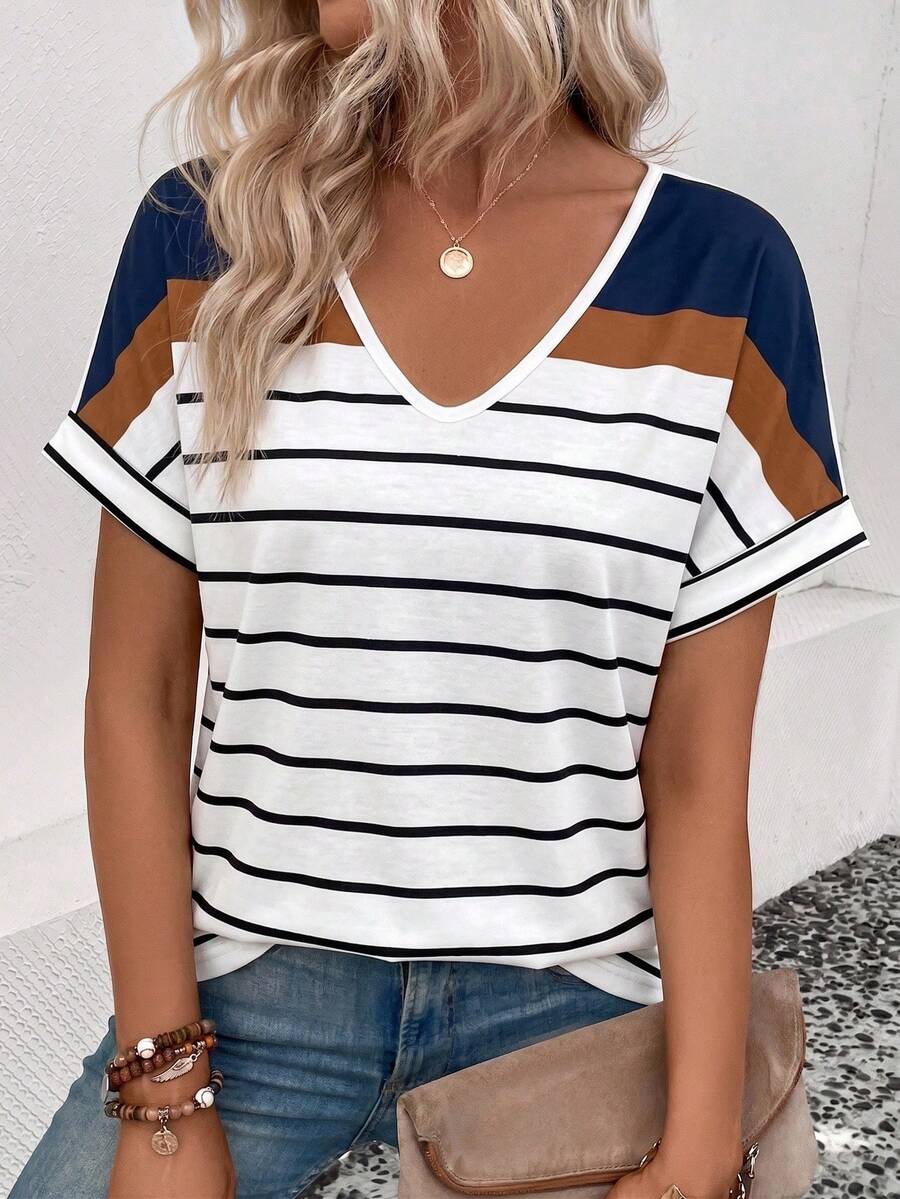 SHEIN Women V-Neck Striped Tee Color Block Loose Short Sleeve Casual Tunic Tops For Daily Wear - Multicolor - View 1