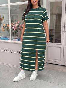 Solflare Dark Green Striped Split Short Sleeve Plus Size Dress - Dark Green - View 5