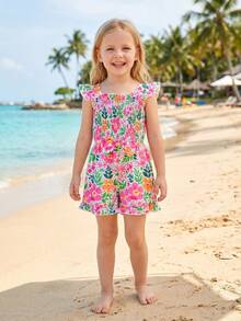 SHEIN Vintaside Kids Young Girl' Colorful Floral Ruffle Sleeve Romper, Children's Ditsy Floral Bow Decor Jumpsuit, Cute & Versatile For Summer - Multicolor - View 3