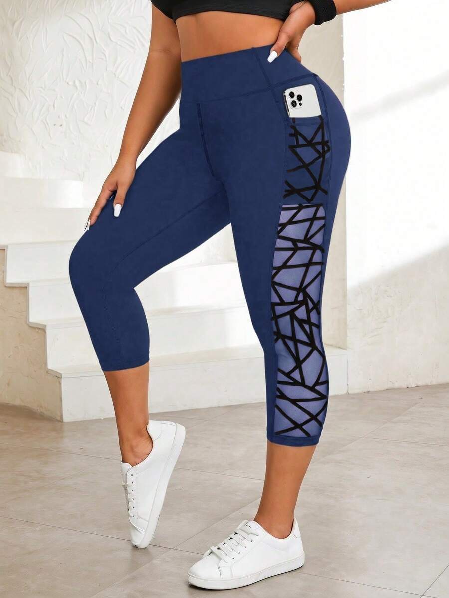 Solea Cove Plus Size Sports Tight Base Layer Pants Asymmetrical Flocked Mesh Side Pocket Patchwork Fashion Long Pants - Navy Blue - View 1