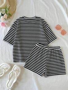 SHEIN Kaos dan Celana Pendek Bergaris Pink Kasual Sehari-hari Serbaguna dan Nyaman untuk Anak Perempuan Remaja - Hitam - View 2