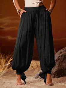 Hauture Summer Casual Vacation Streetwear Solid Color Textured Hem Tie Design Women's Lantern Long Pants - Black - View 1
