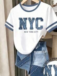 Teen Girls 2pcs/Set Digital English Graphic Print Short Sleeve & Shorts Mini Set, Spring/Summer Casual Comfortable Fashion, Versatile Summer Outfit - Multicolor - View 4