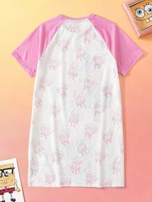 SpongeBob SquarePants | SHEIN Vestido casual de uso diario y para dormir para niña preadolescente, cuello redondo, estampado de dibujos animados, bloques de color - Rosa - Ver 2
