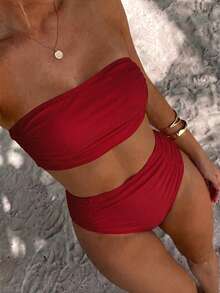 Swim Chiccia Women's Solid Color Bandeau Ruched Bikini Set - Red - View 4