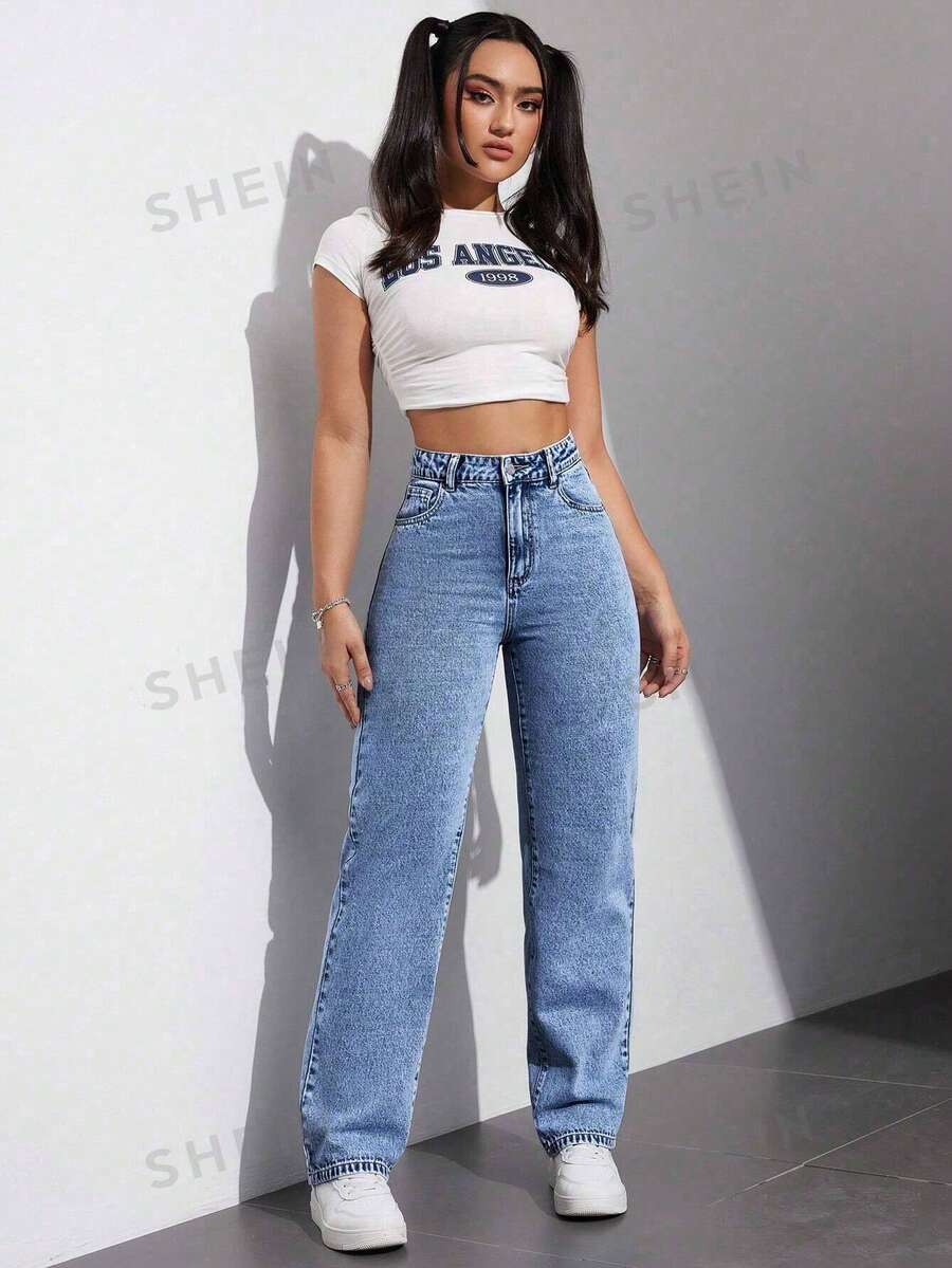 SHEIN EZwear 女士實色簡約日常牛仔褲 - 藍色 - 查看 1