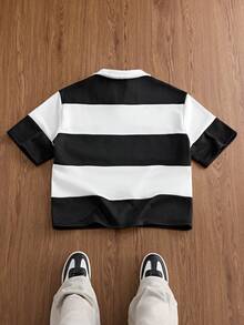 SWAVVY Men's Short Sleeve Striped Colorblock Polo Shirt With Collar - Black and White - View 3