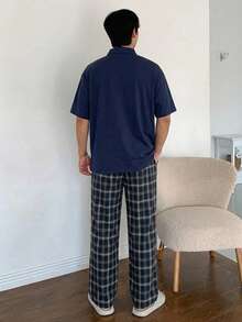 DAZY 男士夏季短袖海軍藍 Polo 衫與海軍藍格紋長褲居家休閒套裝睡衣 - 彩色 - 查看 2