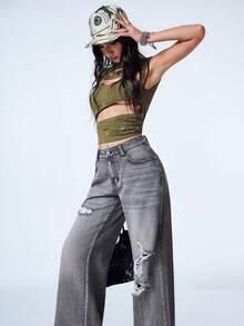 Y2Kool Gray Heavy Water-Washed Cotton Distressed Ripped Y2K Streetwear Grunge Punk Casual Street Style Loose Denim Jeans For Women Autumn Going Out Night Out - Grey - View 7