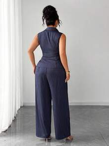 SHEIN Clasi Plus Size Women's Summer Fashion Elegant Commute Striped Sleeveless Top Wide Leg Pants 2pcs Set Formal Office Navy Blue - Navy Blue - View 2