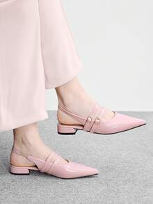 CUCCOO BIZCHIC 女款粉色亮面尖頭後綁帶平底鞋，職場通勤溫柔優雅百搭工作鞋 - 粉色 - 查看 5
