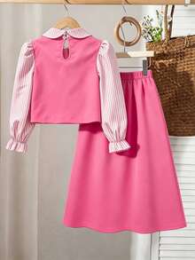 Conjunto casual de top y falda 2 en 1 con patchwork, volantes, rayas y manga larga para niña preadolescente - Rosa - Ver 7