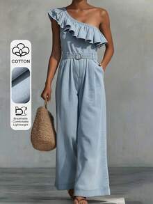 DAZY Ruffled Asymmetric Shoulder Cinched Waist Women's Denim Jumpsuit Romper Vacation Light Blue Summer Sexy Elegant - Blue - View 1