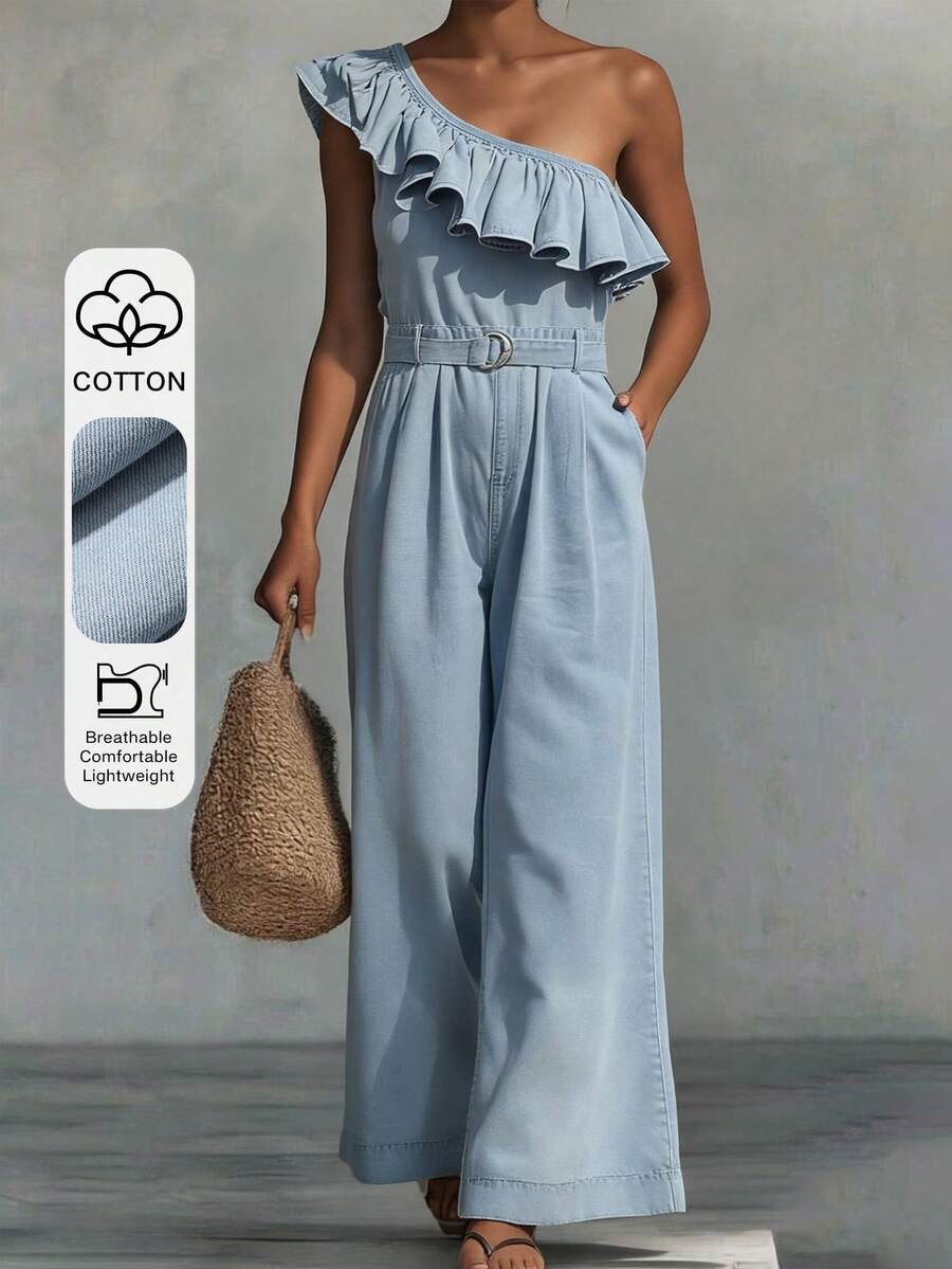 DAZY Ruffled Asymmetric Shoulder Cinched Waist Women's Denim Jumpsuit Romper Vacation Light Blue Summer Sexy Elegant - Blue - View 1