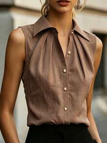 SHEIN Sleeveless Collared Shirt, Pleated Design To Flatter Shoulder And Neckline, Pearl Button Accents, Elegant And Professional, Suitable For Commuting Or Daily Wear - Brown - View 5
