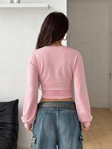 Coolane Women's Fall Back To School Basic Solid Color Pleated Asymmetrical Neck Long Sleeve Pink Sweatshirt - Pink - View 5