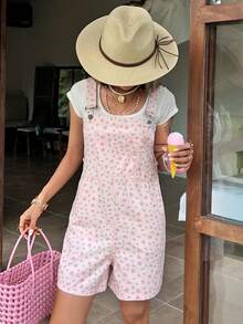 DAZY Women's Romantic Floral Casual Pocket Denim Overalls, Pink, Suitable For Spring And Summer Beach/Vacation - Pink - View 4