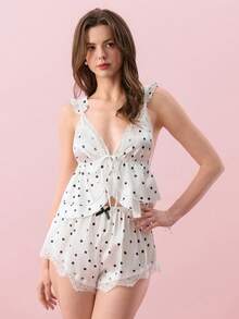 Bonmuse 2 Pcs Women's Sexy Sleepwear Set Adjustable Straps, Triangle Cup Lace-Trimmed Top - White - View 4