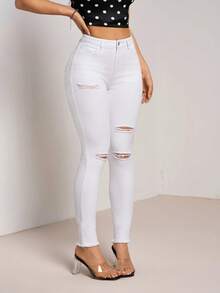SHEIN Tall Jeans casuales versátiles para uso diario de mujer con bolsillo, botón y diseño desgastado - Blanco - Ver 3