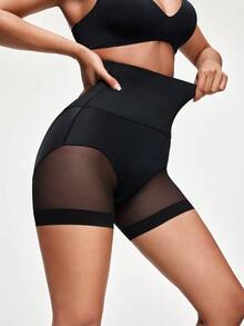 SHAPORA Women's High Waist Mesh Patchwork Shapewear Shorts - Black - View 3