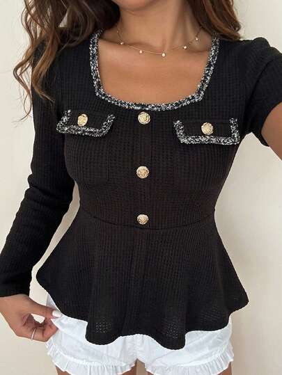 DAZY Patchwork Lace Trim Fitted Square Neck Metal Buckle Long Sleeve Flared Hem Elegant Autumn/Winter Women's T-Shirt Top